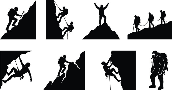 Mountain Climbing Silhouette Collection Featuring Rock Climbers Hikers and Summit Adventure