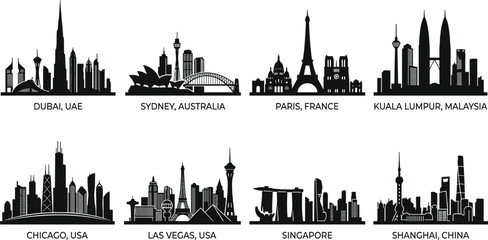 Obraz premium World City Skyline Silhouette Collection Featuring Famous Urban Landmark Skylines
