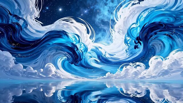 Stylized ocean waves under starry sky