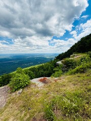 Naklejka premium North South Lake Campground in Haines Falls, new york. Blue escarpment hiking trail near information sign at Catskill Mountain House historical site. Amazing walking path that goes for miles.