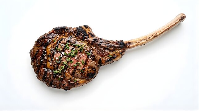 Isolated grilled tomahawk steak with char marks and herbs on bone for restaurant menu design and gourmet food promotion