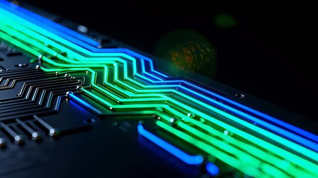 Colorful circuit board with glowing lines