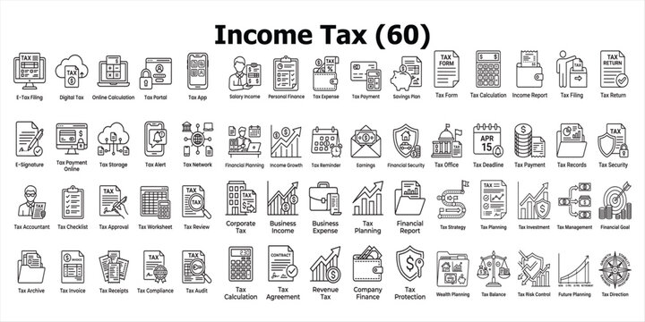 Income tax concept illustration with line art icons financial planning filing and compliance