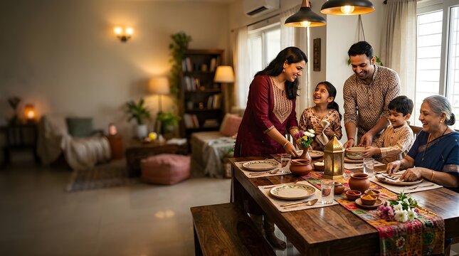 Happy Indian multi-generation family eating a traditional dinner at home