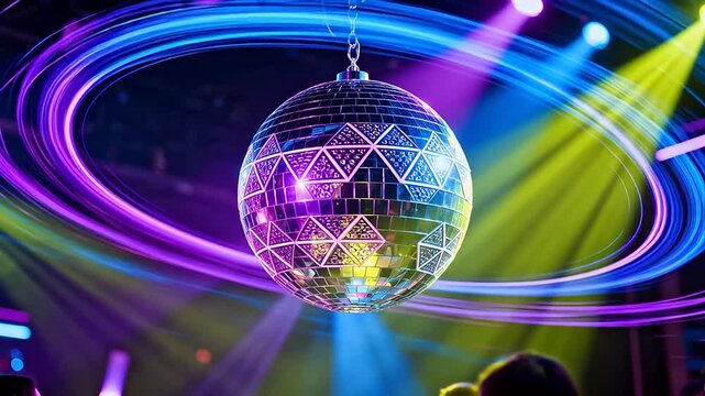 Disco ball with colorful light trails
