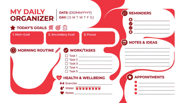 Red daily organizer template with health and task tracking sections