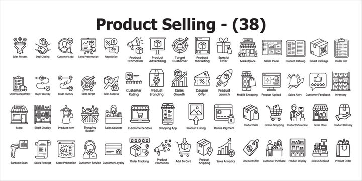 Product selling line art vector icons set sales marketing e commerce customer service retail concepts