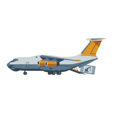 白い背景に隔離された貨物を積載する大型の輸送用飛行機のイラスト.