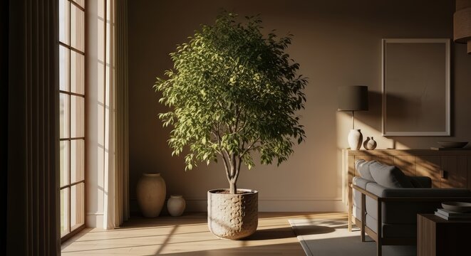 Elegant Ficus Audrey Tree in Textured Planter, Modern Home Interior with Large Window and Cozy Living Room Furniture.