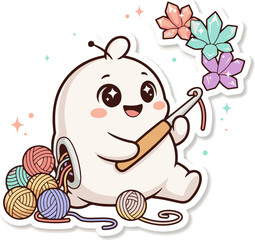 Obraz premium Cute cartoon character enjoying a fun hobby of knitting with colorful wool yarn balls and crystals