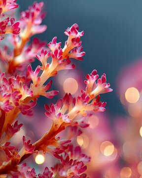 Vibrant pink and orange fire coral with soft bokeh background, showcasing intricate underwater marine life.