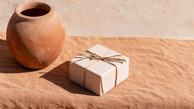 Small Wrapped Package on Terracotta Fabric