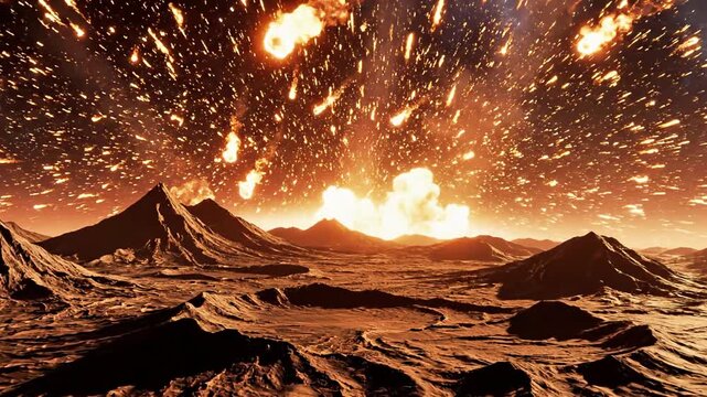 A catastrophic volcanic eruption with lava flows and ash clouds over a mountain range