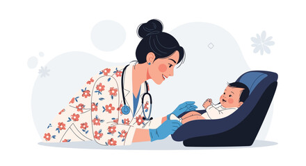 Obraz premium Doctor Examines Baby in Car Seat - Vector Illustration of Pediatric Care and Newborn Health