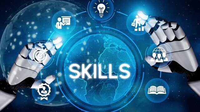 Futuristic Robotic Hands Interacting with Global Skills Concept in a Digital Environment with Icons and Earth Visual Representation. Entropy.