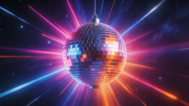 Disco ball in space with colorful lights
