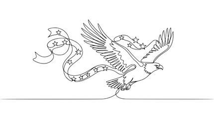 Eagle Soaring with Star-Spangled Banner Ribbon - Continuous Line Art © Hujan