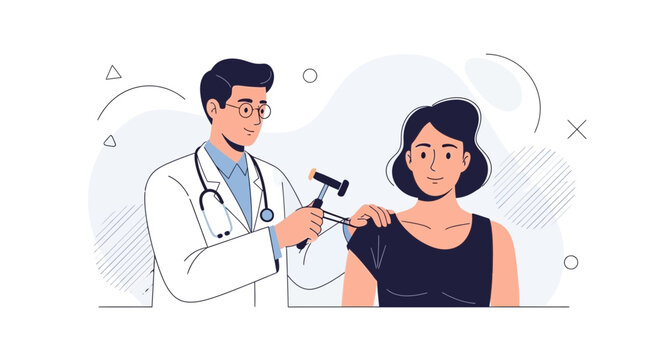 Doctor examining patient's reflex with reflex hammer, medical illustration with modern flat design and abstract background