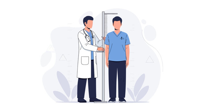 Doctor measuring patient's height with a stadiometer in a modern, minimalist clinic setting, vector illustration