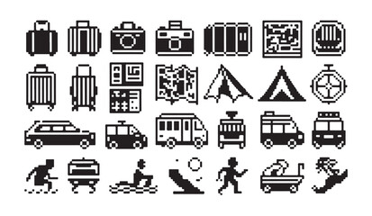 Travel and tourism pixel icons set for vacation planning adventure journey luggage and transport. © MDABDUR