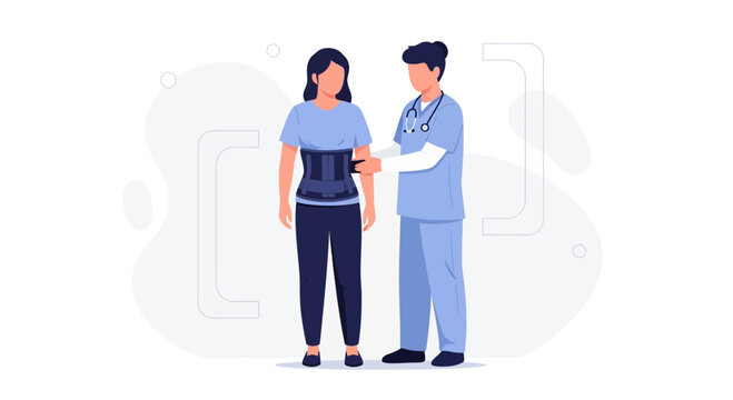 Doctor fitting back brace on patient for spine support and pain relief, medical illustration