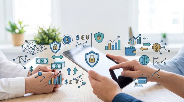 Fintech concept showing secure digital payment and online banking with shield protection icons, currency symbols, and financial growth charts on tablet screen