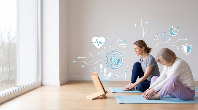 Senior woman and daughter doing yoga at home with digital health monitoring icons, active lifestyle and wellness technology concept.
