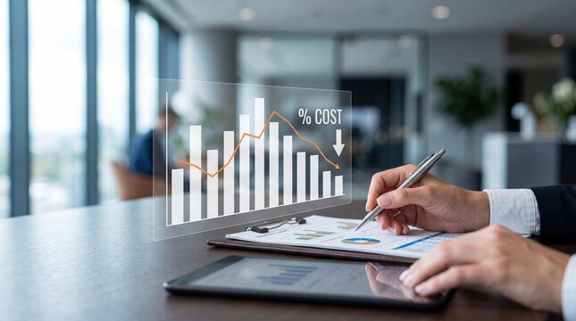 Hands analyzing cost reduction graph on transparent display, business finance concept showing downward trend in expenses and budget optimization strategies for corporate financial