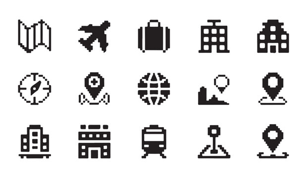 Pixel art location and building icons set for city navigation mapping and website interface.