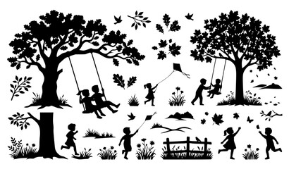 Obraz premium Black Tree Silhouettes with Swings and Children Vector Set