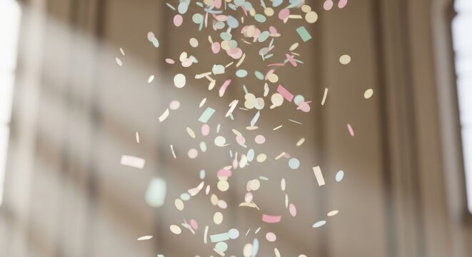 A vibrant scene of colorful confetti falling against a blurred background of an urban Cityscape.