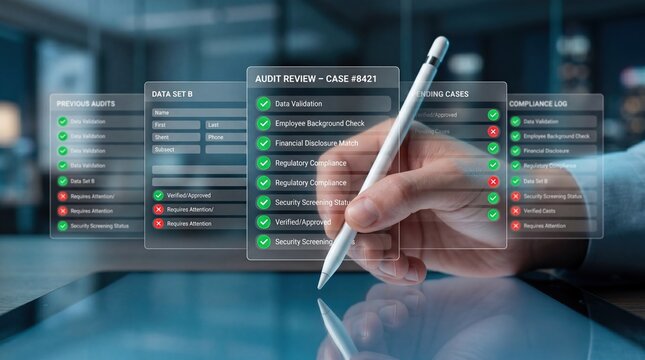 Audit review case 8421 futuristic interface, hand holding stylus pen on tablet screen, data validation compliance log checklist, business analytics dashboard, regulatory