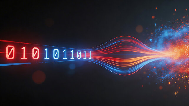 Binary code data stream with colorful waves