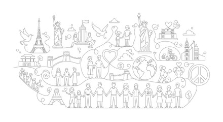 Obraz premium Global unity and diversity illustration with iconic landmarks and people holding hands