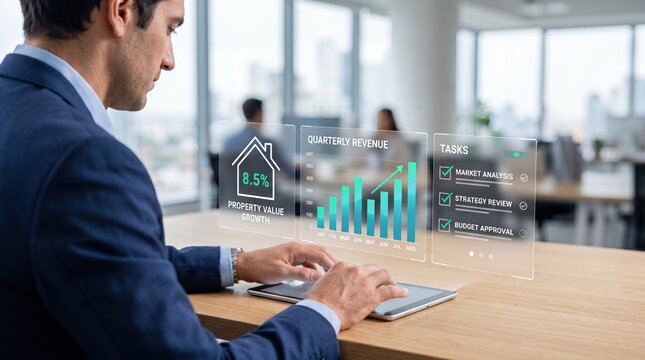 Man analyzing quarterly revenue charts and property value growth statistics on virtual dashboard, financial data visualization with task list for market analysis and budget