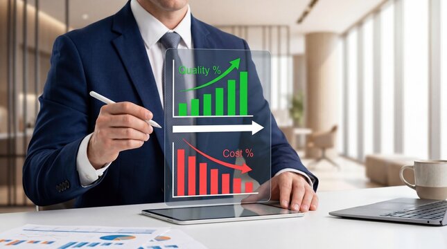 Businessman in suit analyzing holographic data charts on tablet, quality percentage increasing graph, cost percentage decreasing trend, financial report, profit growth strategy,