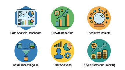 Fototapeta premium Business analytics icons: data analysis, growth, prediction, processing, users, ROI