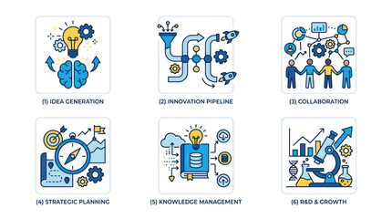 Fototapeta premium Business Strategy Icons: Idea Generation, Innovation, Collaboration, Planning, Knowledge, R&D