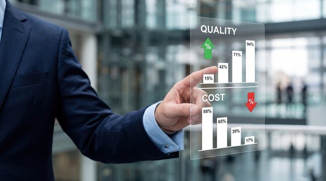 Hand touching virtual screen displaying quality and cost bar chart analysis, business performance metrics with percentage growth and decline arrows, corporate strategy concept