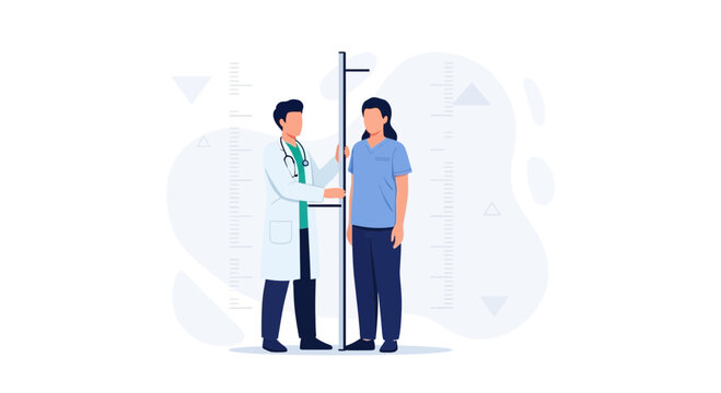 Doctor Measuring Patient Height with Stadiometer in Clinic, Healthcare Concept