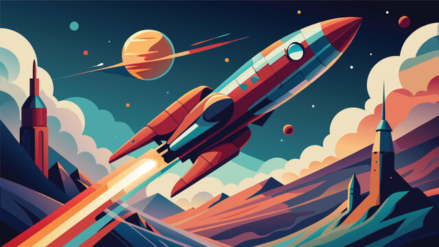 Space rocket launch flying into galaxy towards ringed planet with exploration astronomy universe thruster technology adventure sciencefiction astronautical blastoff propulsion discovery