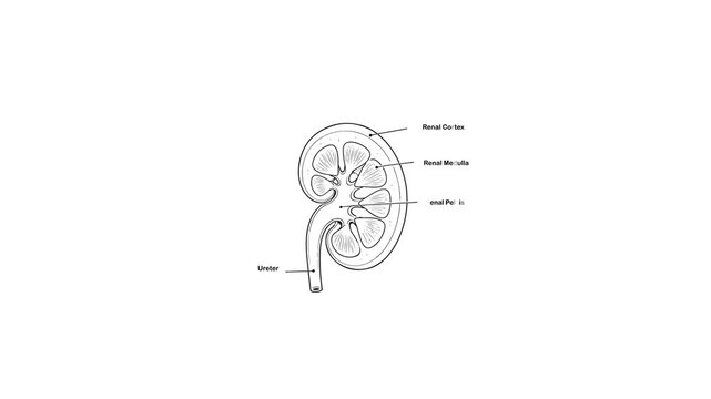 Detailed anatomical line drawing of a human kidney cross-section, highlighting renal cortex, medulla, and pelvis, with labeled structures, isolated on white background.