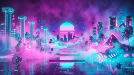 Obraz premium Vibrant Neo-Retro Metropolis A Dreamlike Cityscape Bathed in Luminous Neon Hues, Featuring Ancient Ruins, Futuristic Skylines, and Ethereal Clouds at Sunset