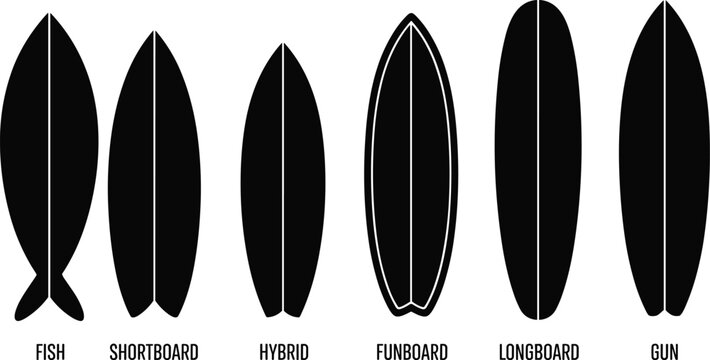 Surfboard type collection vector icon set including fish shortboard hybrid funboard longboard and gun surfboard silhouettes on white background