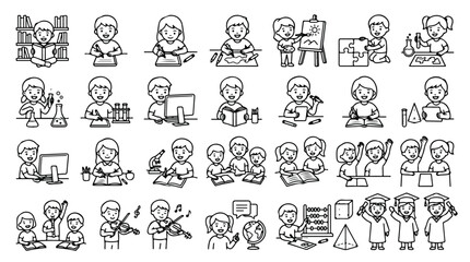 School children education icons set, black and white line art students learning in classroom, 28 elementary school student vector illustrations © usman