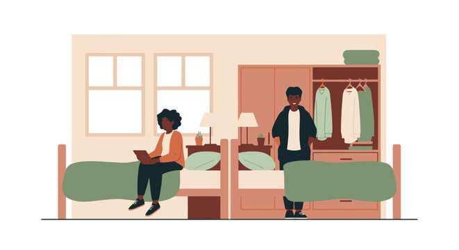 Two young Black students in a shared dorm room.