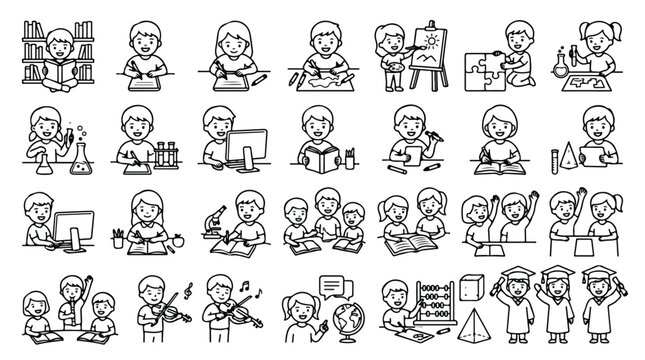 School children education icons set, black and white line art students learning in classroom, 28 elementary school student vector illustrations