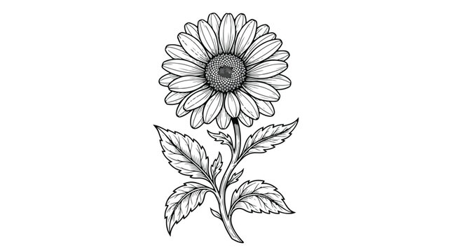Vintage botanical sunflower illustration, hand drawn black and white floral sketch, blooming daisy flower vector with leaves for coloring book