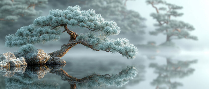 Rocky pine trees in the fog