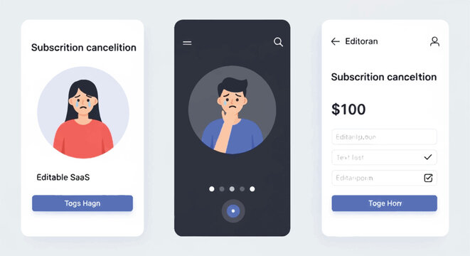 A man interacts with a mobile phone displaying a subscription cancellation interface next to two subscription cancellation cards on a white background.